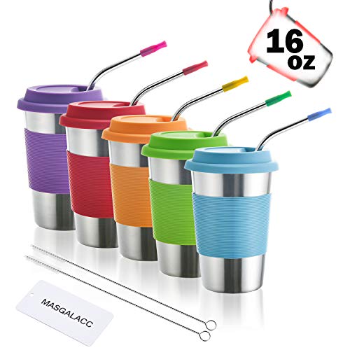 Kids Stainless Steel Cups 16 oz With Silicone Lids & Straw 5 Pack