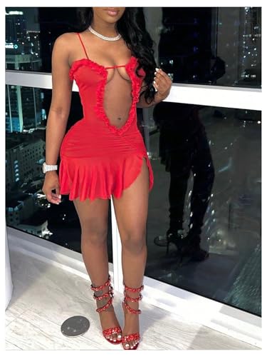 Image of SOLY HUX Women's Mesh Cut Out Frill Trim Ruched Bodycon Cami Dress Ruffle Hem Party Club Mini Dresses Pure Red Medium
