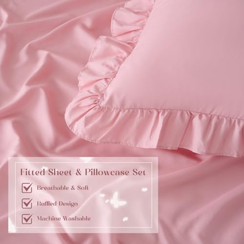 Image of Homiest 3-Pieces Ruffle Pillow Case & Fitted Sheet Set, Light Pink Queen Sheets with 2 Ruffled Pillow Shams, 15 Inch Deep Pocket, Cute & Coquette Microfiber Bed Set for Decorating Bedroom Hotel