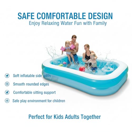 Image of Coku Family Inflatable Swimming Pool for Kids & Adults | 3-Ring Rectangular Extra Large Pool, Thick PVC Foldable Bathtub, 8.5 x 5.75 Feet for Backyard, Garden, Indoor Outdoor Summer Use
