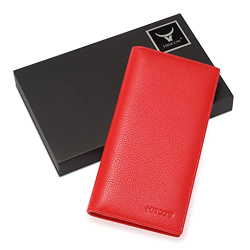 Image of HISCOW Full Grain Leather Men's Long Wallet, 15 Card Slots, Pebbled Red, 6.97 inchH x 3.5 inchW x 0.98 inchD, Classic | Gusseted bill compartment, tall bifold design, clear ID window, ideal for coat pockets or briefcases, turned-edge, gift box