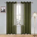 DWCN Olive Green Sheer Curtains for Living Room Bedroom Faux Linen Look Voile Drapes Grommet Top...