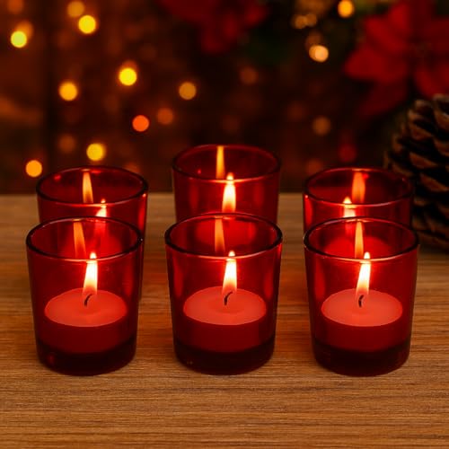 Image of Pure Source India Set of 12 Votive Glass Candle Holders with Tealight Candles | Decorative Diwali Lights for Home, Pooja & Festive Decor (Red)