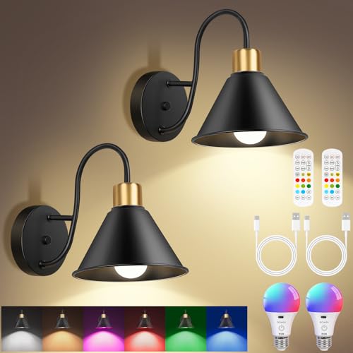 Image of Frideko Rechargeable Battery Operated Wall Sconces Set of Two with Remote, RGB 15 Colors Dimmable Black Wall Light, Indoor Battery Powered Wireless Sconce with Timer for Living Room Bedroom