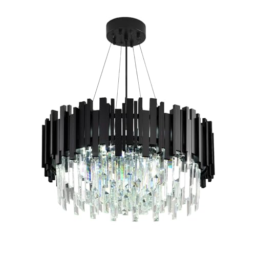 AHXIAOZN Lámpara de Araña de Cristal Moderna, Redonda K9 Colgante, 9*E14 Luz Con Cadena, Ajustable, Para Dormitorio, Salón, Comedor, Restaurante (55 * 55 Cm, Negro)