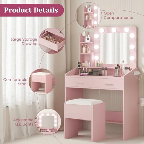 GarveeHome Vanity Desk with Mirror and Lights, Makeup Vanity with Power Outlet & Cushioned Stool, 3 Lighting Modes Adjustable Brightness, Dressing Table with Hairdryer Holder for Bedroom, Pink