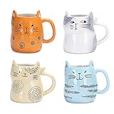 Bico Cartoon Cat Handcrafted Stoneware Ceramic 10oz Mugs, Set of 4, Assorted Color