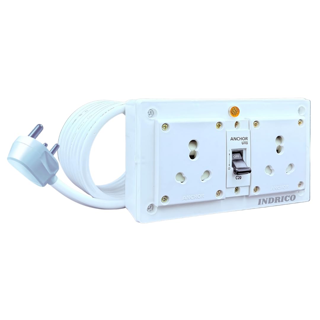 INDRICO 16A Electric Multi Outlet Extension Board Box With Mcb For Heavy Duty Pvc White Pack Of 1 (2.5 Mm 3000 Watts, 3 Meter Cable), 240 Volts
