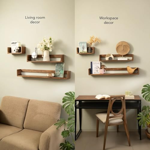 Image of Ellementry Still Life Wall Shelf Set of 3 Mango Wood Walnut Finish | Decorative Floating Shelves, For Living Room & Bedroom