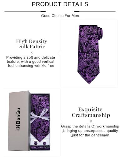 Image of DiBanGu Paisley Ties for Men Silk Necktie and Pocket Square Cufflinks Tie Clip Set Woven Classic Mens Tie for Wedding Party