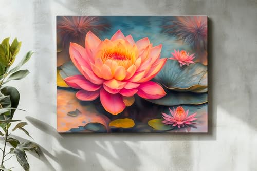 Image of ArtX Canvas Bloomed Lotus Painting For Vastu, Big Size Wall Art, Lotus Painting For Wall Vastu, Wall Decor, Multicolor, Nature, 58.0 X 45.0 cm, Set of 1