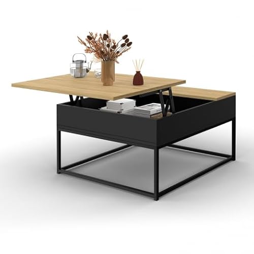 IDMarket – Mesa baja cuadrada negra bandeja elevable de madera de haya Boston Design Industrial