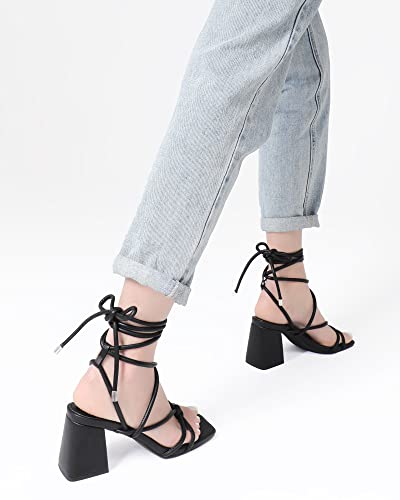 Image of Shoe'N Tale Lace Up Heels for Women Ankle Strappy Gladiator High Heeled Sandals Chunky Block Heel Square Open Toe Criss Cross Dress Shoes