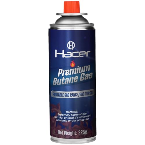 Hacer 225g Pure Butane Gas Cartridges for Camping Stove, Portable High Pressure Refill Fuel for Welding Torch, Fogging Machine & Lighters, Non-Freeze Canisters