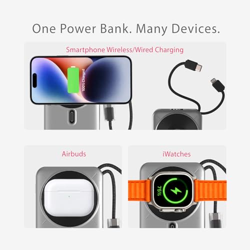 Image of Beetel MagVibe Series WS10 4 in 1 MagSafe 10000mAh Magnetic Wireless Power Bank for Apple iPhone, iWatch & AirPods, Qi Charging for Samsung, OnePlus and Other Android Devices|3M Ring in Box|MT Grey
