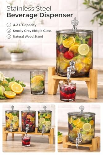 Image of 3 LTR Borosilicate Black Glass Detox Water jug Dispenser with Wooden Stand, Beverage Dispenser for Beer, Water, Cocktails, Detox Drinks & More, Perfect for Parties &,Daily Uses Set of 1