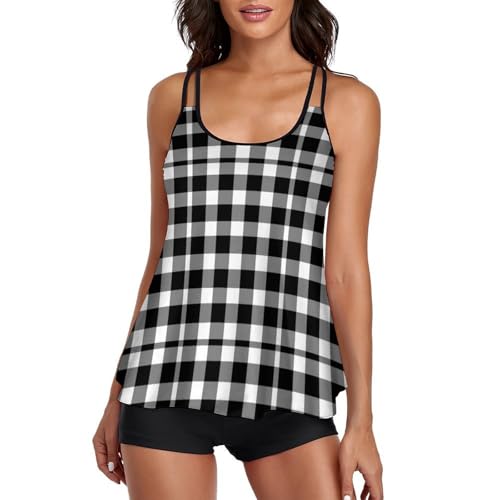 Tankini a cuadros negros para playa y piscina con pantalones cortos cómodos