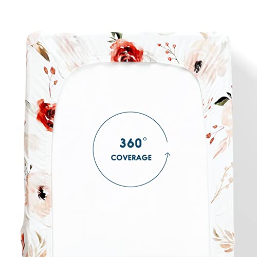 Image of GRSSDER Stretch Ultra Soft Jersey Knit Changing Pad Cover Set 2 Pack, Change Table Pad Covers Fit 32 inch /34 inch x 16 inch Pads Safe and Snug, Pretty Watercolor Rose Flora for Baby Girls, Orange Pink