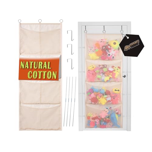 Stuffed Animal Storage - 100% Cotton Over Door Organizer for Stuffies, Baby Ideas Holder with 4 Large Pockets, Toy Plush Storage/Hammock Hanging Storage Net Big Girls Toddler Large Bag Animals Stuffy