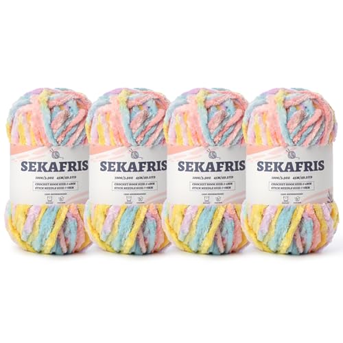 Image of Chenille Velvet Soft Yarn Macaron 4 Pack | 400g /196.8yds Fuzzy Chunky Chenille Yarn for Crocheting Plush Yarn for Hand Knitting Amigurumi Fluffy Yarn