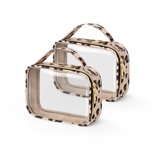Image of Wedama TSA Approved Toiletry Bag, 2 Pack Clear Makeup Bags with Handles, Quart Size PVC Clear Cosmetic Bags for Women and Men, Carry on Airport Airline Compliant Bag, Leopard Print