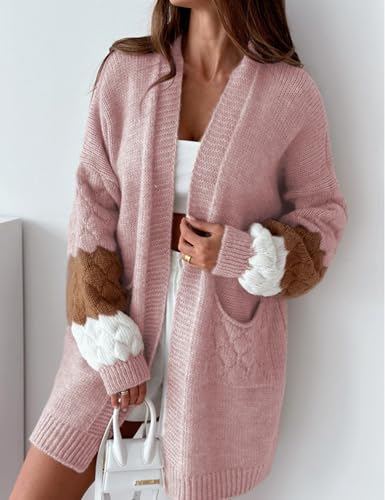 Yidarer Women Fall Sweater Open Front Knit Cardigan Color Block Casual Loose Fit Oversized Outfits2