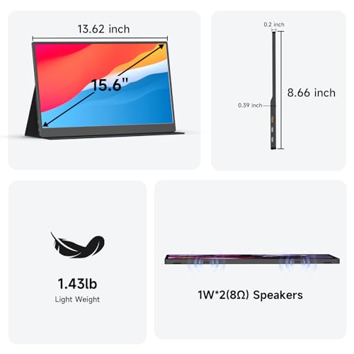Image of memzuoix 15.6 inch 60hz FHD 1080p Portable Monitor with Black Smart Cover and 2 Built-in Speakers, for Laptop PC Mac Phone Xbox PS4 /PS5