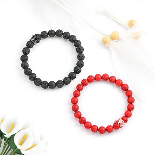 Poshfeel 8Mm Natural Stone Cz Micro Pave Crown King Queen Beads His And Hers Couple Bracelet, 7.5" (Black&Red-3) #TOP4