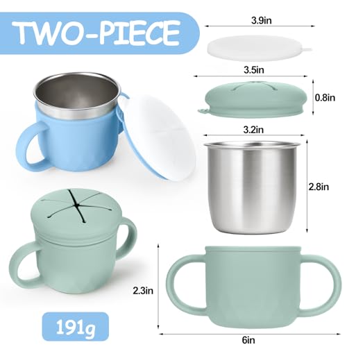 Image of Mity rain 2-Pack Stainless Steel Snack Containers, 4-in-1 Spill proof Snack Cups With Silicone Lid and Handle, Dishwasher Safe Travel Snack Containers for Kids and Infants (Green + Blue)