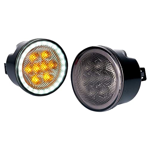 Riloer LED Amber White Turn Signal Lamp, 1 Pair Front Center Grille Light, Compatible with Jeep Wrangler Jku Jk 2007-2018, Smoke Lens & Ring DRL