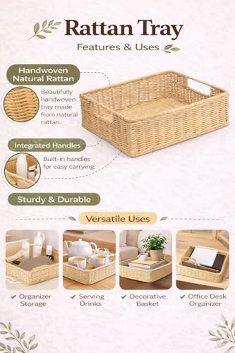 Image of Handmade Rattan Storage Tray for Bathroom & Kitchen Counter | Wicker Vanity Organizer Tray | Natural Cane Home Decor (35x25x10 cm, Beige)