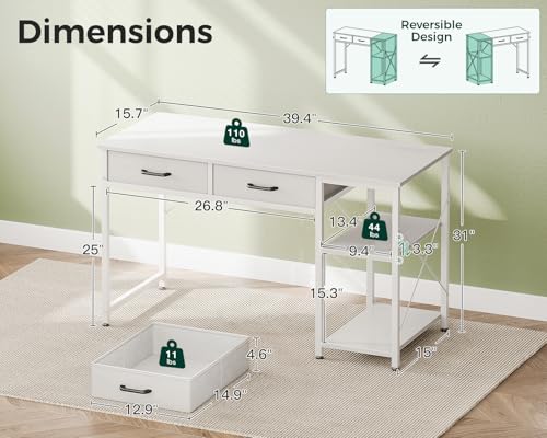 Coleshome Small Computer Desk with Drawers, 40 Inch Reversible Home Office Desk with Storage Shelves, Study Laptop Vanity Table for Bedroom Small Space, White - Image 4