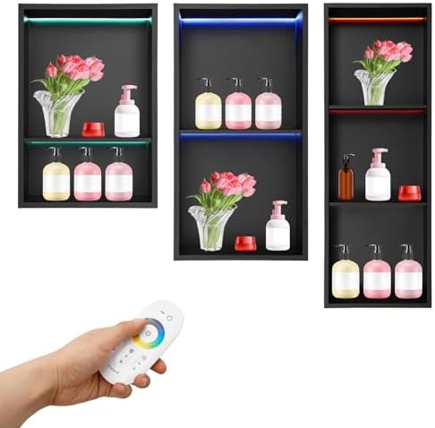 12" x 36" Stainless Steel Shower Shelf with LED Light, 3-Tier Waterproof Bathroom Organizer, Recessed Storage, 4000K Warm Lighting, Sleek Black Design