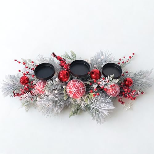 Christmas Candle Holder Centerpiece with Red Ornaments & Berries, Frosted