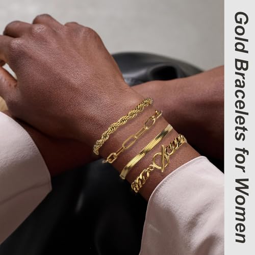 Chunky Gold Bracelets for Women, 14K Gold Plated Bracelet Stack Non Tarnish Layered Cable Chain Herringbone Snake Cuban Paperclip Bracelet for Women Gift2