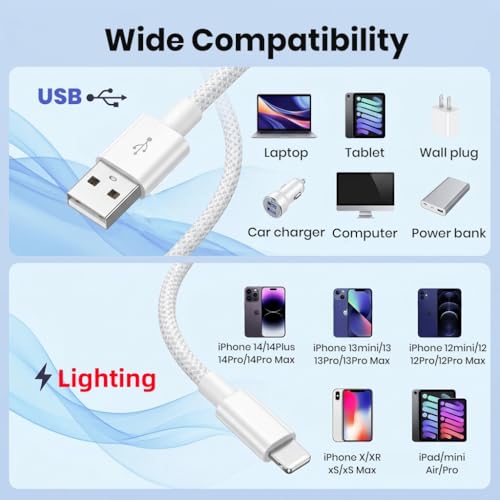 Image of Verilux 18W USB A to Lighting Fast Charging Cable With 480Mbps High-Speed Data Transfer, 2M /6.6FT Lighting Cable Nylon Braided Compatible with iPhone 14 /14 Pro /14 Pro Max /13 /12 /11 /XR /XS /X /8 S