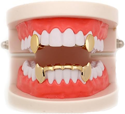 LuReen 14k Gold Vampire Dracula Teeth Grillz 2pc Single Fangs and 6 Bottom Grillz Set