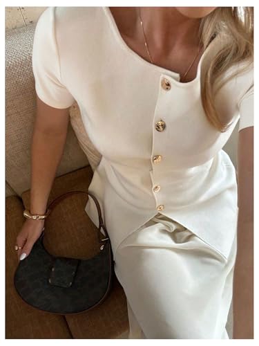 GORGLITTER Women's Short Sleeve Sweater Button Down Crew Neck Knit Cardigans Fashion Business Casual Outfits4