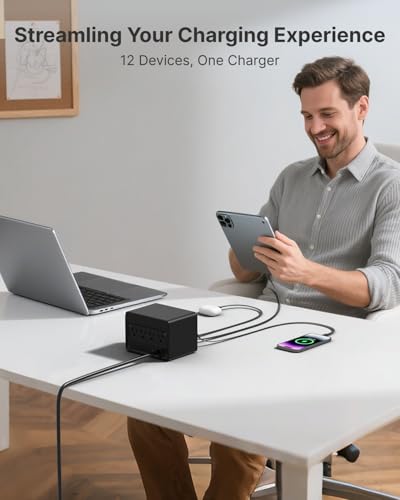 Image of Gitryin 12-in-1 Desktop Charging Station with 3 Retractable Type-C Charger Blocks, 1 Micro Charger and 1 Lightning Charger, 4 USB C Ports, 160W Fast Charging Hub with 33.5in Cable for Multiple Devices