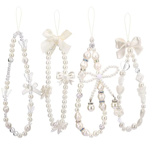 Draupnir 4pcs Phone Charms Strap, Butterfly Bow Camera Strap Wrist Beaded Phone Bracelet Wrist Straps, Pearl Bracelet Lanyard Keychain Charm for Women, White