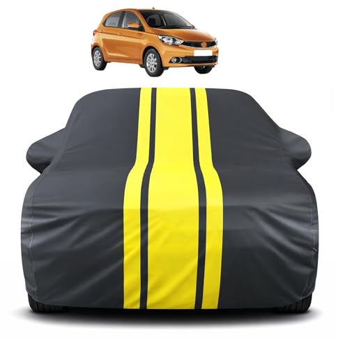 Image of Auto Hub Car Cover Compatible with Tata Tiago Back Antenna with Mirror Pocket, Soft Cotton Lining, Tiago Car Cover Waterproof - Yellow-Black