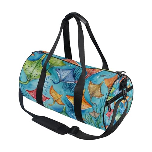 Glaphy Watercolor Ocean Stingray Fish Gym Duffle Bag Women Men Sports Fitness Bag for Travel Workout Gymnastics Dance Ballet