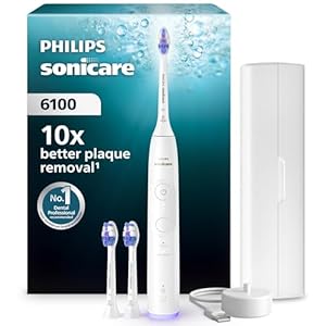 Philips Sonicare 6100 elektrische Zahnbürste, Schallzahnbürste mit 2 Putzmodi, 3 Intensitätsstufen, Andruckkontrolle, EasyStart, SmarTimer, Reiseetui, Weiß, Modell HX7400/02 [Neue Technologie]