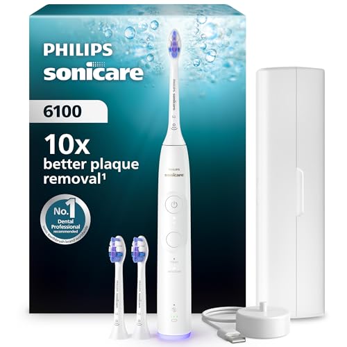 Philips Sonicare 6100 Electric Toothbrush, Sonic Toothbrush with 2 Brushing Modes and 3 Intensity Levels, Pressure Alert, EasyStart, SmarTimer, Travel Case, White, Model HX7400/02 [New Technology]