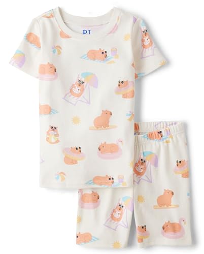 The Childrens Place Girls 100% Cotton Sleeve Top and Shorts 2 Piece Pajama Set Fair Ivory 14