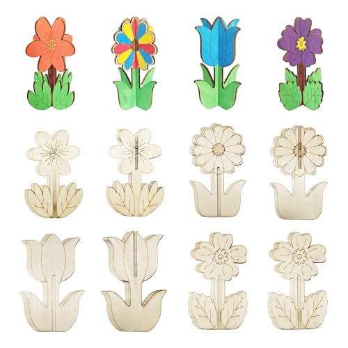 BENIMUS DIY 3D Flower Spring Wood Crafts to Paint Spring Unfinished Wooden Slices for Craft Flowers Ornaments for Painting Decorations (32 PCS)