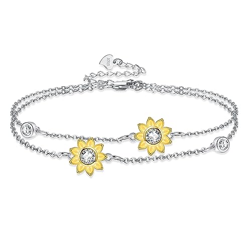 Image of ONEFINITY Sunflower Bracelet 925 Sterling Silver Layered Charm Bracelet Sunflower Jewelry Birthday Gifts for Women Girls Daughter