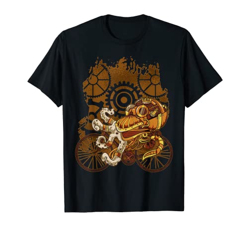 Steampunk Octopus Riding Bicicleta Ocean Kraken Bike Cool Art Camiseta