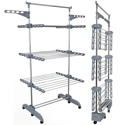 PORTENTUM Etendoir Linge Interieur et Exterieur Pliable 14 cm – 5 Niveaux et 58 Crochets pour cintres – Jusqu’à 40 kg – Séche 24 Barres INOX – Intérieur et extérieur – roulettes pivotantes avec Frein