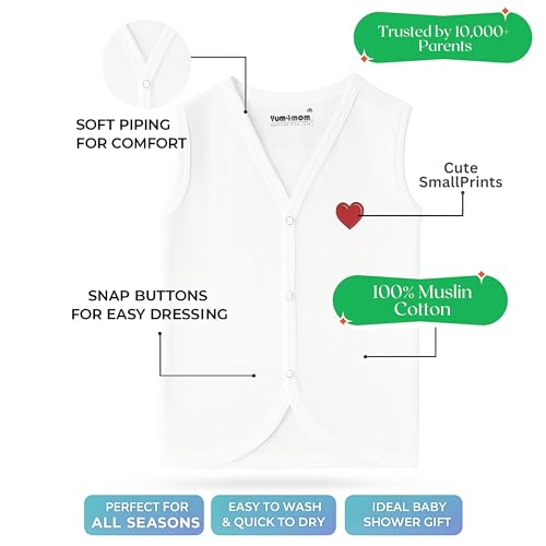 Image of 5 piece Premium Muslin Jabla vest With Snap button| Newborn | for Boys & Girls | Comfy Jabala | Sleeveless dress | Baby Products | Casual Clothing | Size - Newborn - 3months- White
